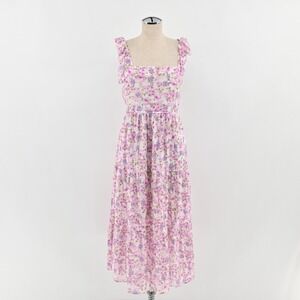 Allard State Floral Mid Dress Womens Size M Purple Pink Tie Strap Tiered Summer